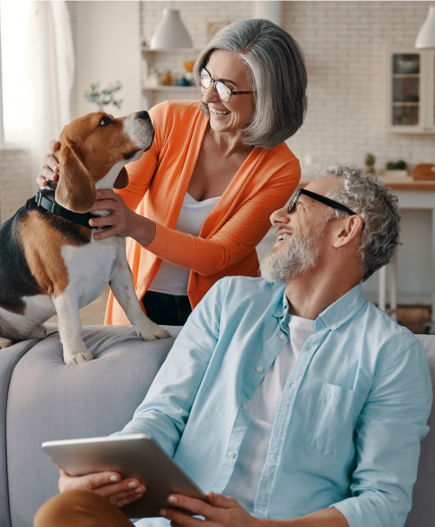 Mujer de pie y acariciando a un beagle en el sofá mientras el hombre sostiene una tableta y sonríe mientras mira al perro
